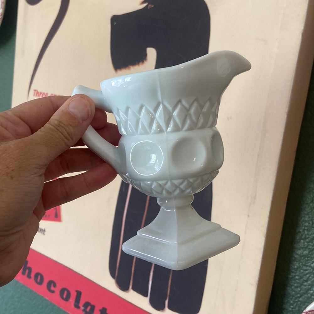 McKee White Milk Glass Creamer Diamond Thumbprint Pattern w/ Square Base Creamer